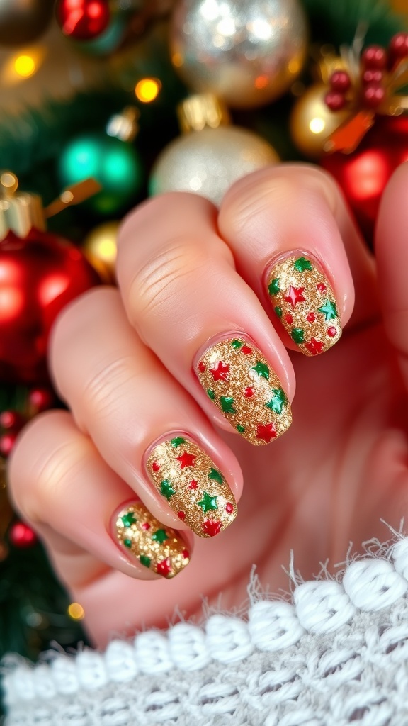 Close-up of Christmas nails with red, green, and gold glitter design against a festive background.